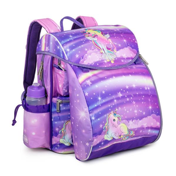 schoolbag with sports bag and drinkingbottle