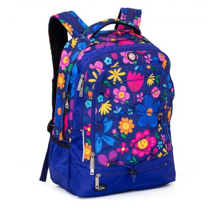 backpack made in cobalt blue polyester with a beautiful and colourful flower pattern