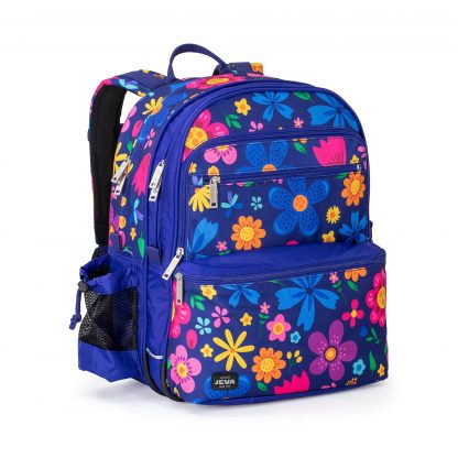 school rucksack in waterproof cobalt blue polyester with a beautiful and colourful flower pattern